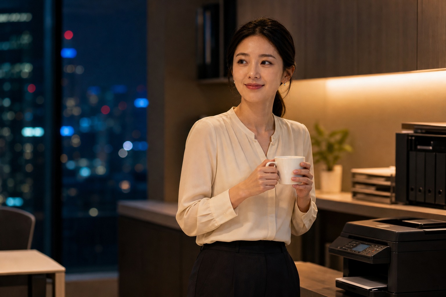 Evelyn standing with coffee