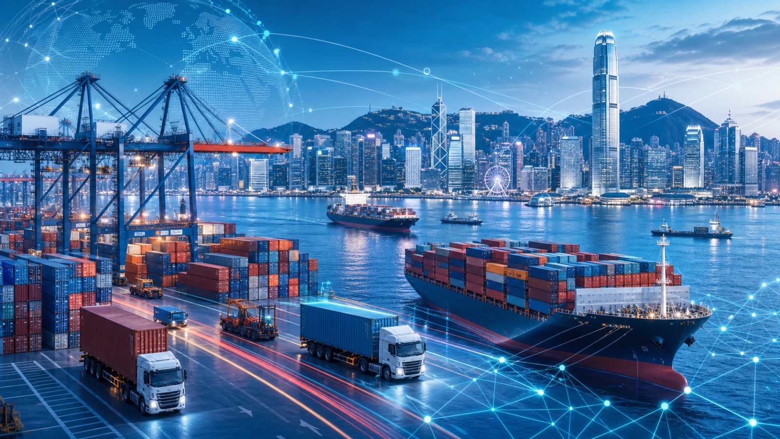 Hong Kong container port and skyline with global trade network overlay
